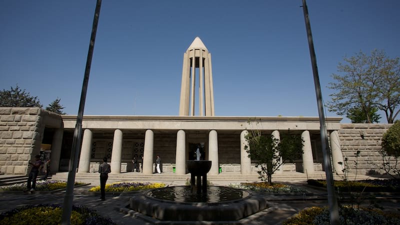 Avicenna Mausoleum with Fountain in front of it and day light in spring